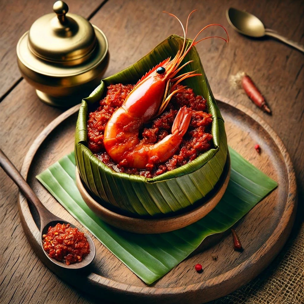 South Indian Style Prawn Pickle in a Banana Leaf Bowl