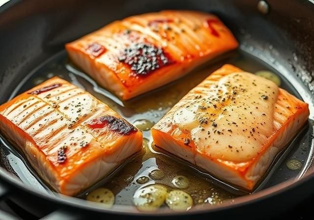 Close-up of golden-brown salmon bites garnished with fresh herbs