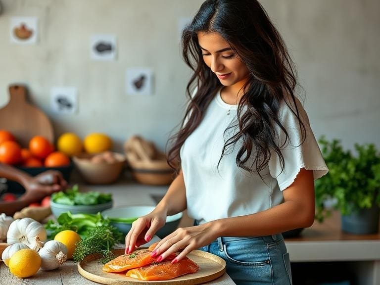 Infographic highlighting the health benefits of salmon and garlic