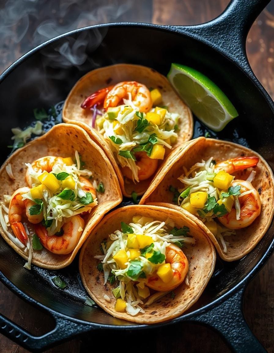 Pan of Sizzling Shrimp Tacos with Mango Salsa