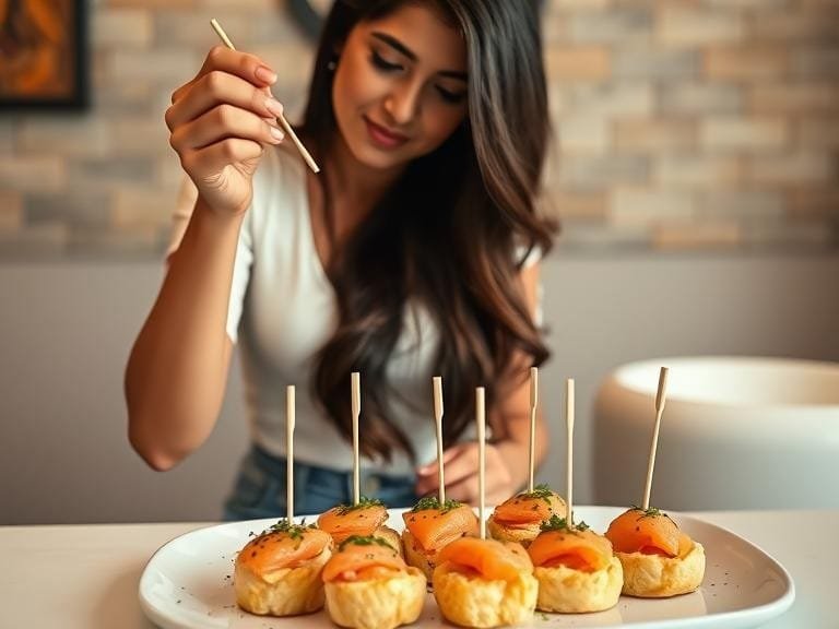 Salmon bites served as an appetizer with toothpicks