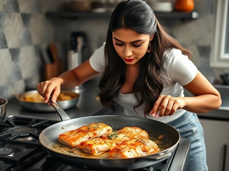 Sizzling salmon bites in a skillet with garlic butter bubbling around them.