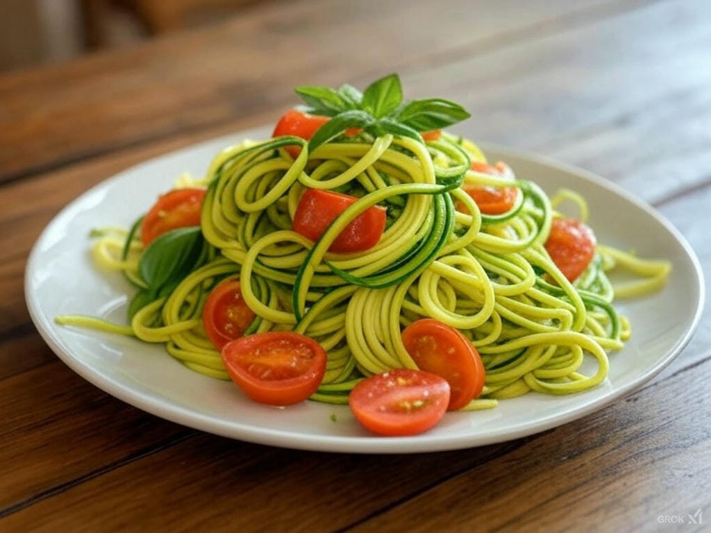 Shrimp Zucchini Noodles twirled in a bowl