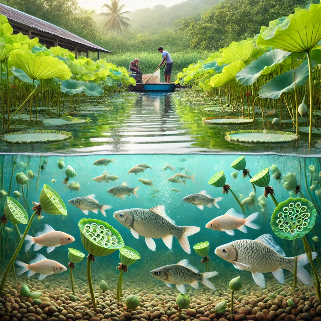 Makhana in Pond with fish