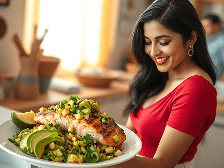 A vibrant dish with grilled salmon and a colorful avocado salsa