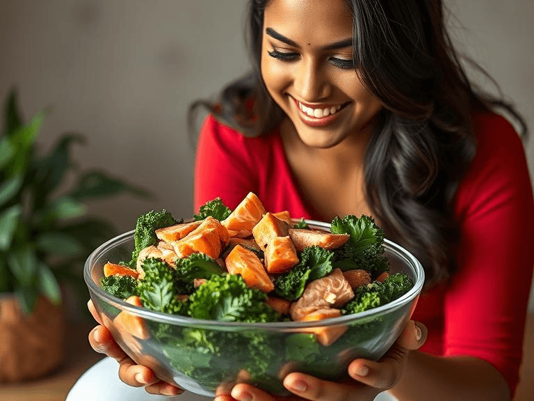 A bowl filled with fresh kale, flaked salmon, and a light vinaigrette