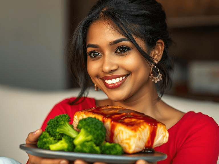 Glossy salmon fillets drizzled with teriyaki sauce, served with steamed broccoli