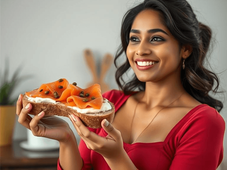 Whole grain toast topped with smoked salmon, cream cheese, and capers
