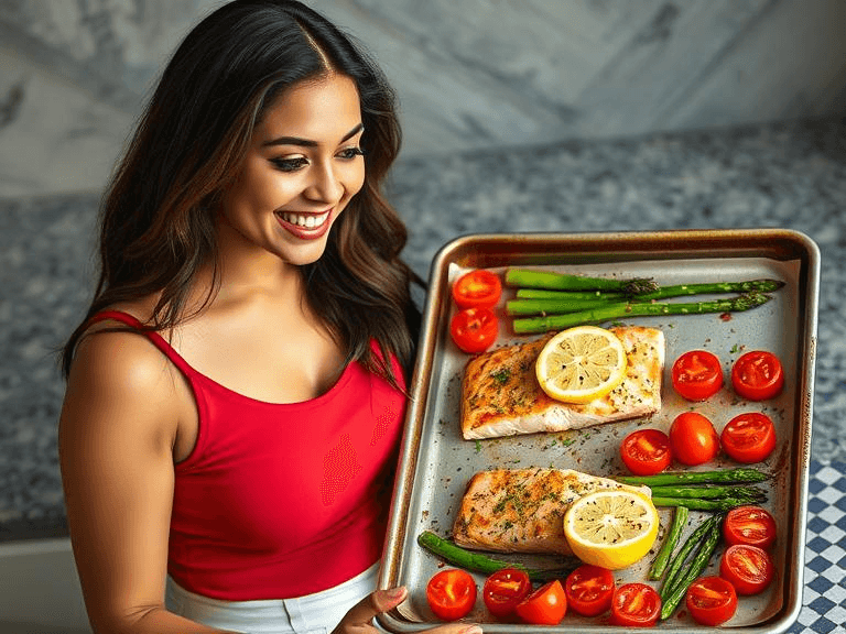 A sheet pan filled with salmon, cherry tomatoes, and asparagus