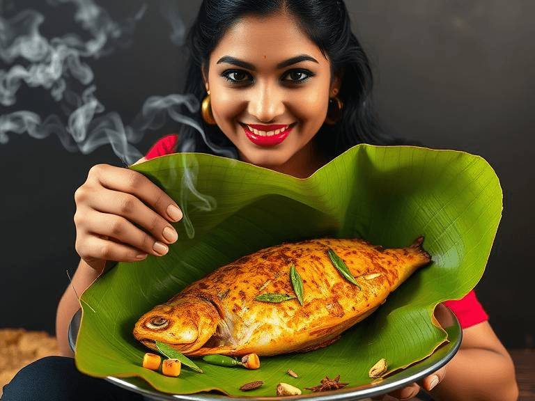 A Kerala fish curry served in a coconut shell, garnished with curry leaves