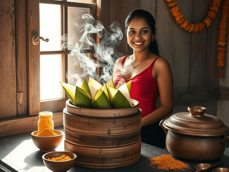 A bamboo steamer releasing aromatic smoke from Bhapa Ilish parcels