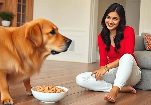 A happy golden retriever eyeing a bowl