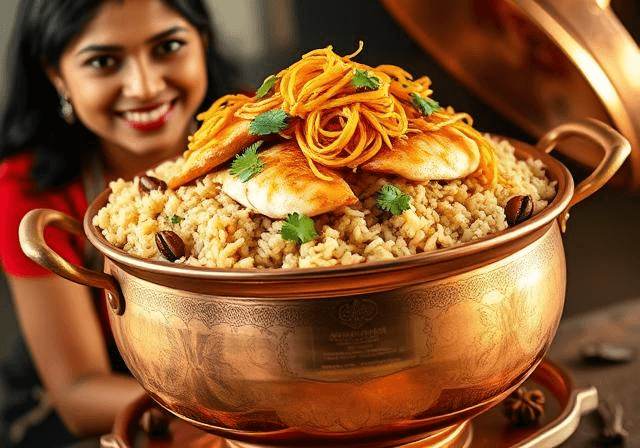 A layered fish biryani in a copper handi, topped with fried onions