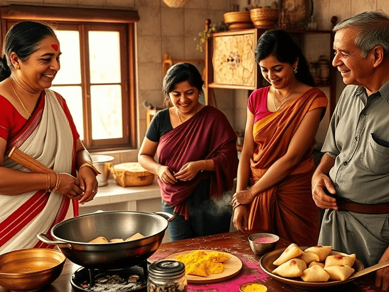 A multi-generational family laughing while preparing