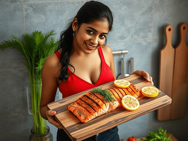 A rustic wooden board with grilled salmon