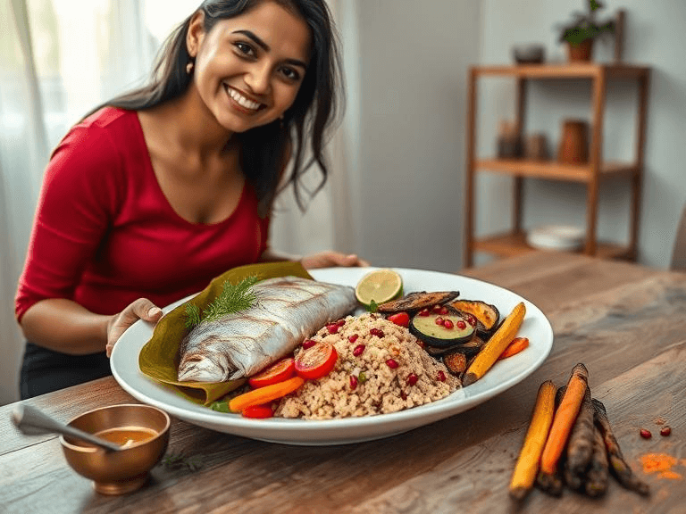 Bhapa Ilish served with quinoa salad and roasted vegetables