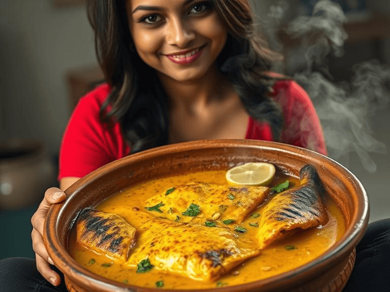 Close-up of mustard-coated Shorshe Maach sizzling in a clay pot