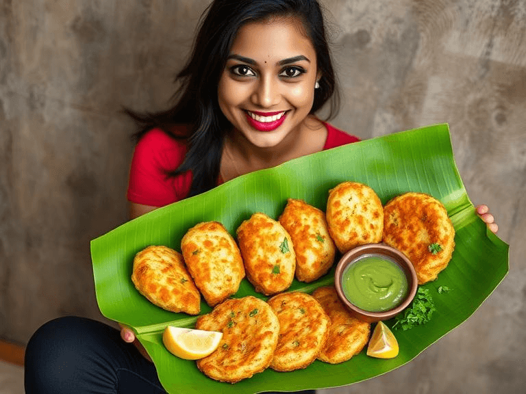7. Crispy fish pakora arranged on a banana leaf with green chutney