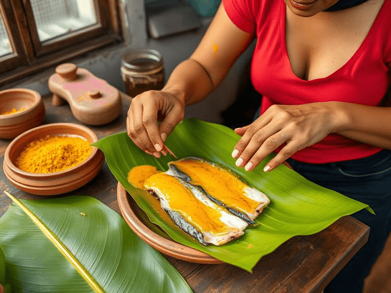 Hands marinating fish and wrapping it in banana leaves