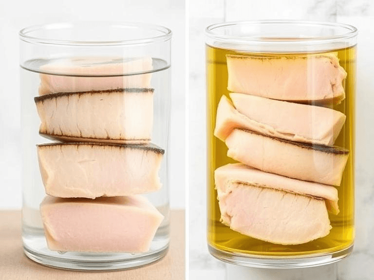 Side-by-side photos of canned tuna in water vs. oil