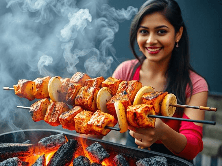 Tandoori fish tikka skewered with onions and lemons on a charcoal grill
