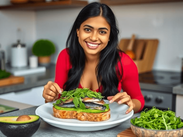 Vibrant sardine toast topped with avocado and microgreens