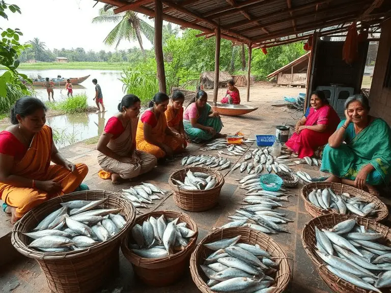 Women processing fish in a West Bengal village