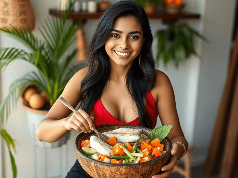 tropical halibut ceviche in a coconut bowl