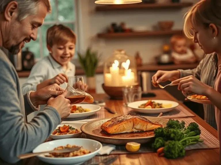 Family cooking salmon dinner