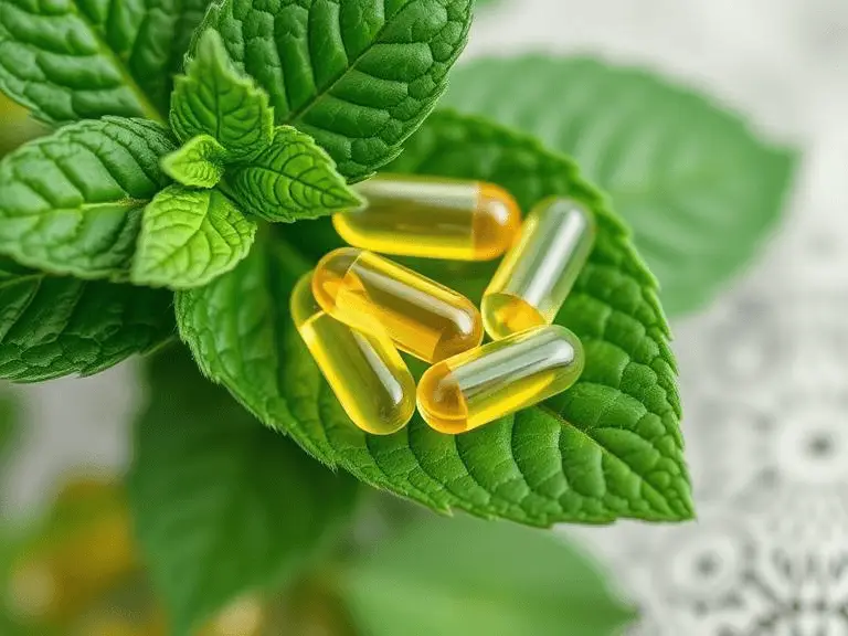 Fish oil capsules on a mint leaf